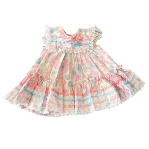 Vintage Mini World Girls 2T Floral Lace Ruffle Dress Pastel Pink Blue Full Skirt